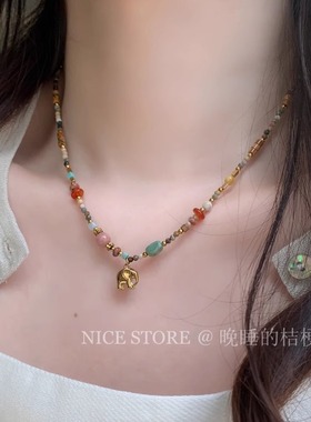 晚睡的桔梗I彩色天然石小象项链
