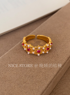 晚睡的桔梗「织锦」日韩百搭镂空雕花镶钻戒指小众设计复古食指戒