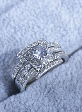 POLYSUTT镀白金锆石blingbling超闪三套戒 欧美奢华满钻微镶戒指
