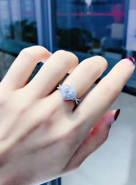 POLYSUTT豪华微镶嵌心形仿真钻石戒指 欧美求婚镀白金锆石指环女