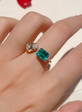 小红书推荐网红同款仿天然祖母绿戒指 冷淡风高级定制高碳钻戒