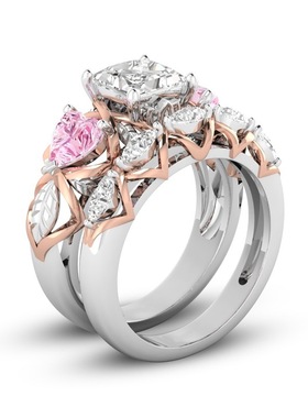 POLYSUTT新款镶嵌粉色心形宝石戒指 创意女树叶子玫瑰金分色套戒