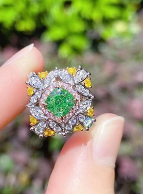 超闪奢华镶嵌冰花绿仿绿宝石开口戒指 欧美双色璀璨满钻订婚女戒