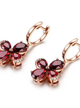 宝苏蒂奢华彩金耳饰 韩版四叶草气质耳环 18K金饰 红水晶宝石耳钉