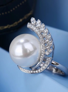 气质人工贝母珍珠戒指重工奢华揽月澳白珍珠明洁圆润食指女戒