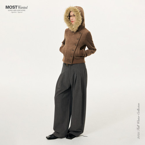 mostwanted脱卸毛领斜门襟纽扣毛呢夹克外套2025新款冬季外套女 - 图2