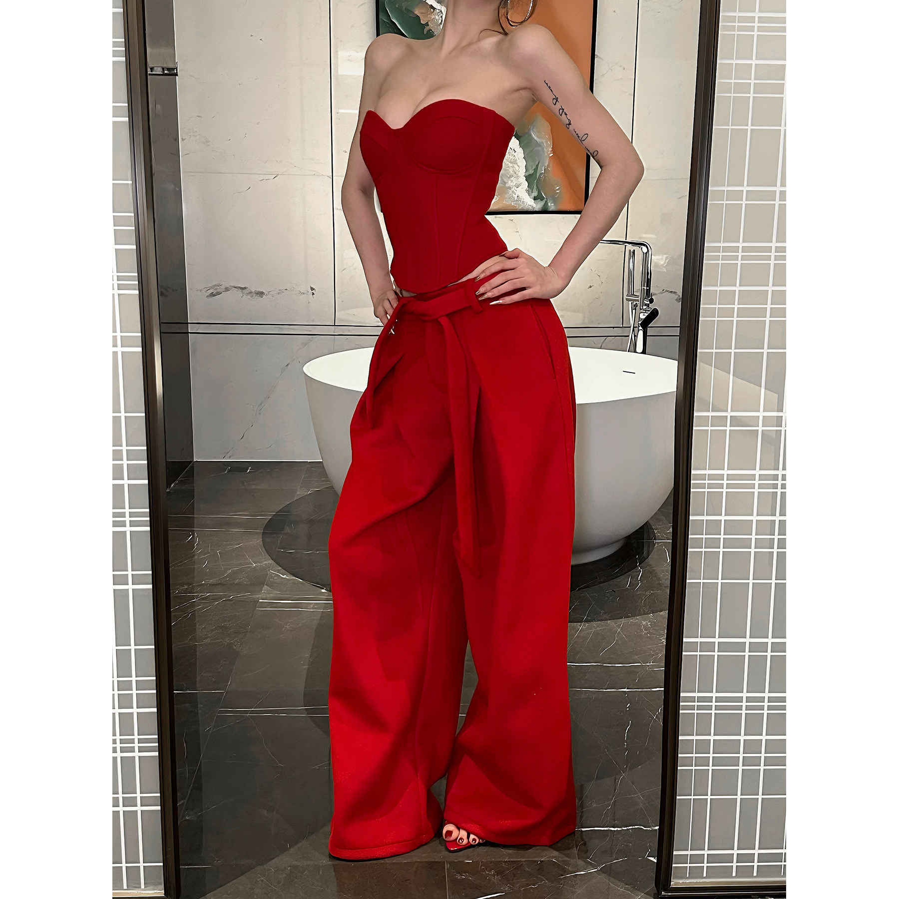 FORNIS 鱼骨修身抹胸上衣套装显瘦阔腿长裤F25B50063+F25K50064,淘宝优惠券,粉丝福利购,淘宝优惠卷