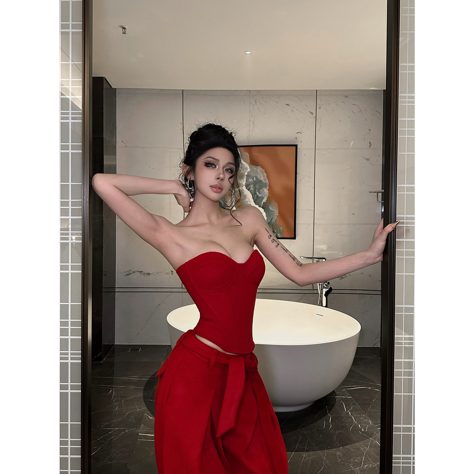 FORNIS 鱼骨修身抹胸上衣套装显瘦阔腿长裤F25B50063+F25K50064,淘宝优惠券,粉丝福利购,淘宝优惠卷