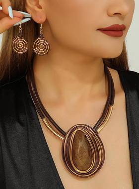 文艺复古皮绳水滴树脂吊坠项链女小众设计感项链necklace