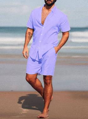 2025夏季新款大码休闲衬衫男士纯色短袖上衣短裤两件套Men's