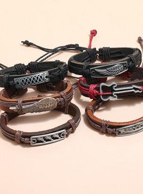 编织手錬多层男女式情侣机车覆古真皮手环朋克Bracelet leather