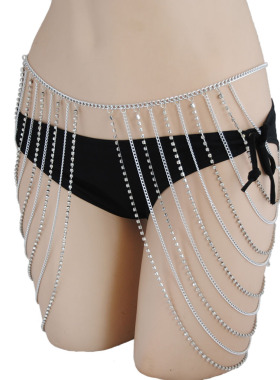 欧美跨境饰品 简约个性百搭几何腰链 金属水钻多层流苏时尚身体链