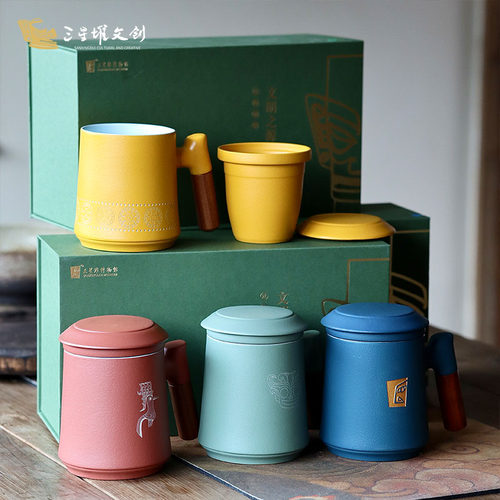 三星堆博物馆文创文明之源茶水分离杯手工办公礼品茶杯木柄高端 - 图3