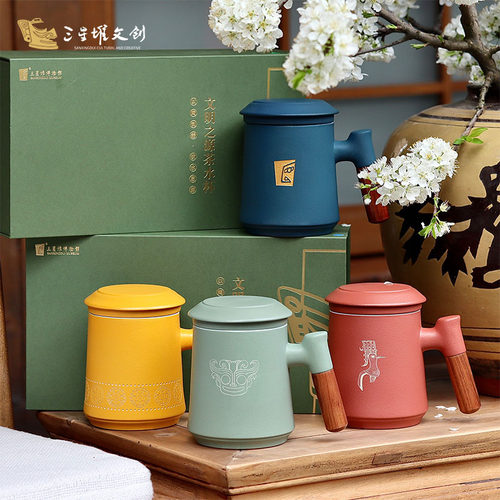 三星堆博物馆文创文明之源茶水分离杯手工办公礼品茶杯木柄高端 - 图1