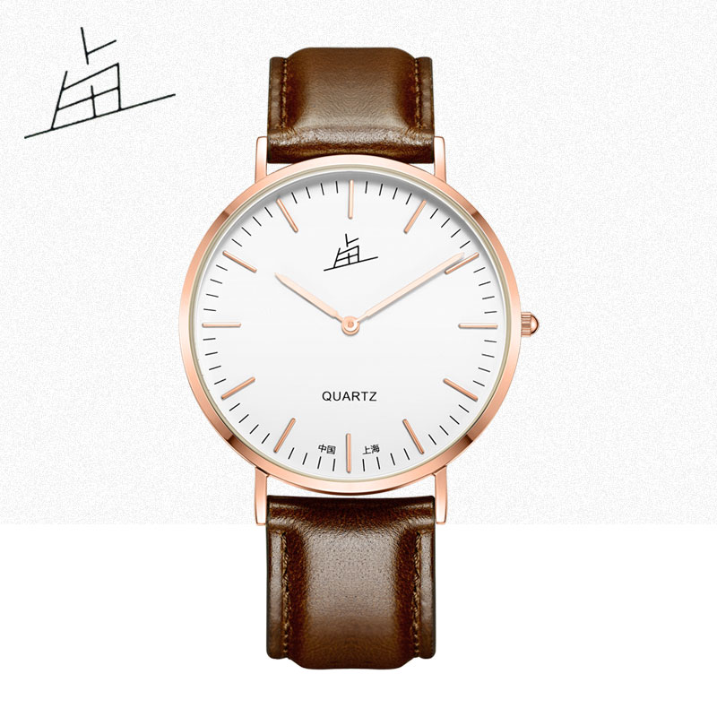 上海老乱牌新品牛皮表带复古经典棕色石英圆形手表男防水简约腕表
