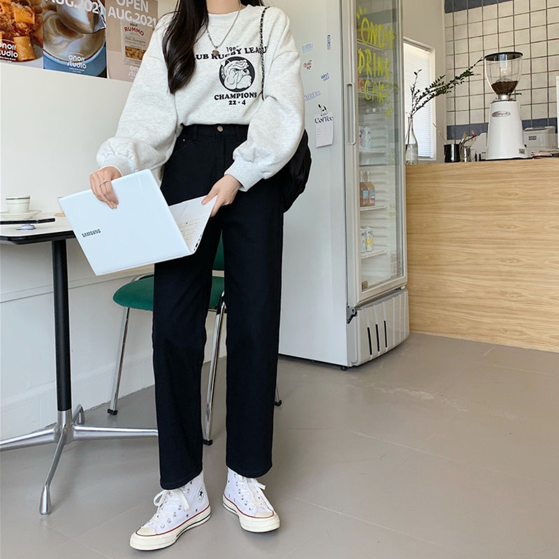 黑色直筒夏季新款胖mm高腰牛仔裤 樱米萱牛仔裤