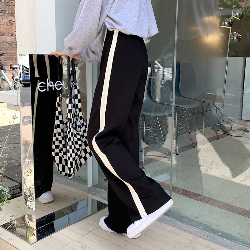 黑色抽绳运动冬加厚条纹直筒阔腿裤 樱米萱休闲裤