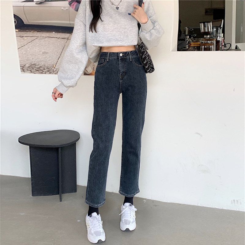 胖mm弹力春秋新款蓝灰色直筒裤子 樱米萱牛仔裤