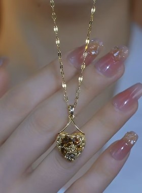 超闪美拉德咖色镶钻爱心项链网红爆款轻奢气质百搭小众设计感项链