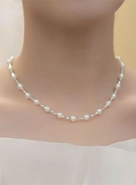 新款轻奢小众碎银子珠珠项链女