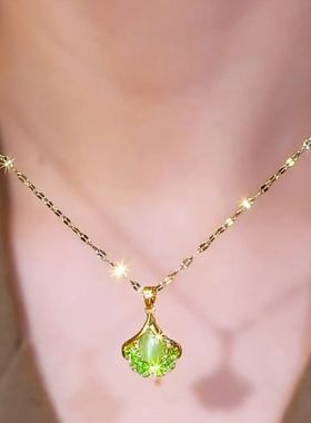 独特猫眼石绿色银杏叶项链女网红爆款轻奢气质百搭小众设计感项链