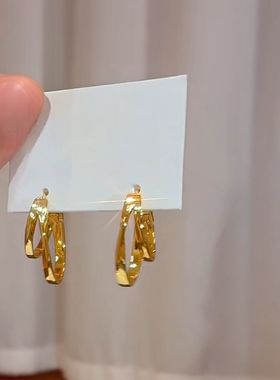 法式金色双层交错耳圈高级感