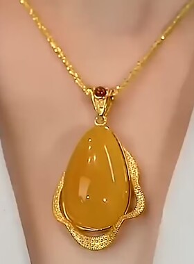 复古轻奢黄色水滴吊坠项链女