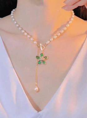 时尚气质淡水珍珠设计感轻奢爆款锁骨链绿色花花精致优雅新款项链