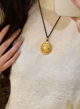 超闪镂空福字莲花八宝罗盘圆盘黑绳项链网红爆款金色福字罗盘项链