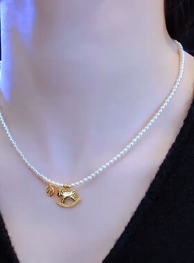 高级感金色小马珍珠项链女