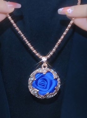 欧美蓝色玫瑰花毛衣链女时尚爆款轻奢气质百搭小众设计感毛衣链女