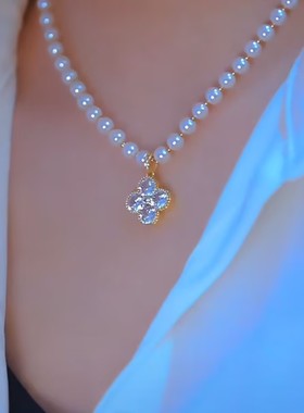 新款四叶花锆石珍珠项链