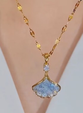 超闪浅蓝色银杏叶项链女网红爆款小众设计感精美项链女2024新款潮