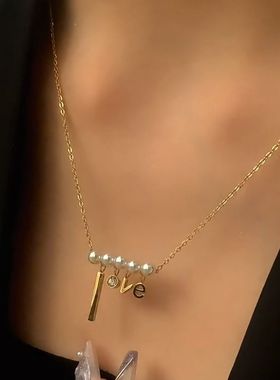 超闪镶钻珍珠字母love项链日韩简约个性潮网红时尚百搭气质锁骨链