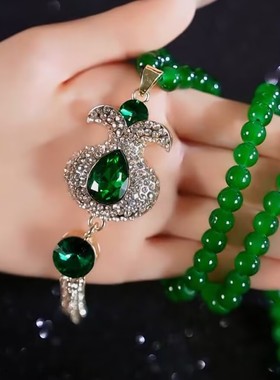 高级感福袋绿色微镶流苏长款毛衣链复古中国风新款洋气绿珠毛衣链