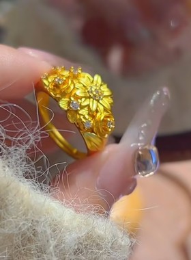 新中式金色繁花戒指女网红爆款小众设计轻奢气质高级感精美戒指女