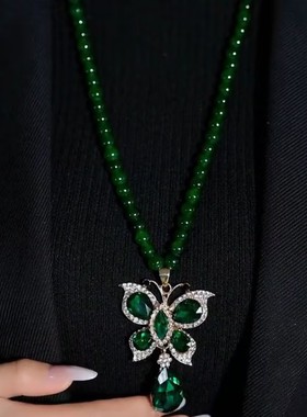 时尚绿色蝴蝶水晶长款毛衣链女网红爆款百搭配饰简约挂件毛衣链女
