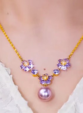 法式紫色珍珠玫瑰花流苏项链
