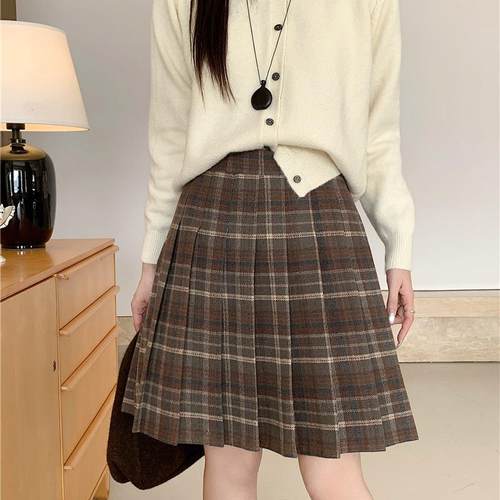 美式复古格子百褶裙学院风半身裙女冬款大码设计感中长款a字裙子 - 图3