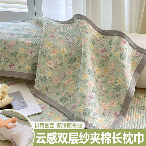 双层纱加大双人长枕巾家用绑带固定防滑落情侣夫妻加长枕头巾垫巾 - 图2