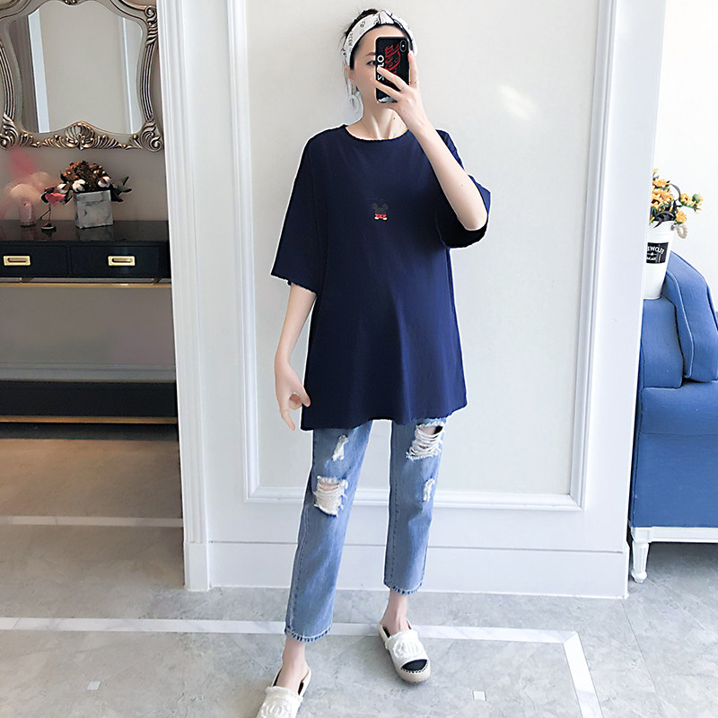 孕妇套装夏季宽松短袖牛仔裤上衣 娇馆套装