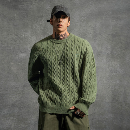 Lujiamen new loose large size heavy green sweater autumn and winter men's fitness trendy sports casual sweater