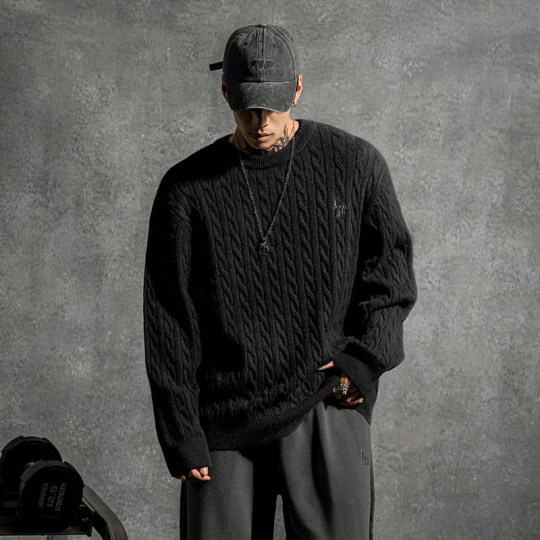 Lujiamen new loose large size heavy green sweater autumn and winter men's fitness trendy sports casual sweater