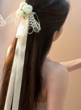 原创设计花仙白色蕾丝飘带花朵发夹仙女气质边夹氛围感拍照头饰
