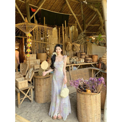 一颗甜桃yikett《昭花仲夏日》夏季印花吊带连衣裙女长裙连身裙 - 图1