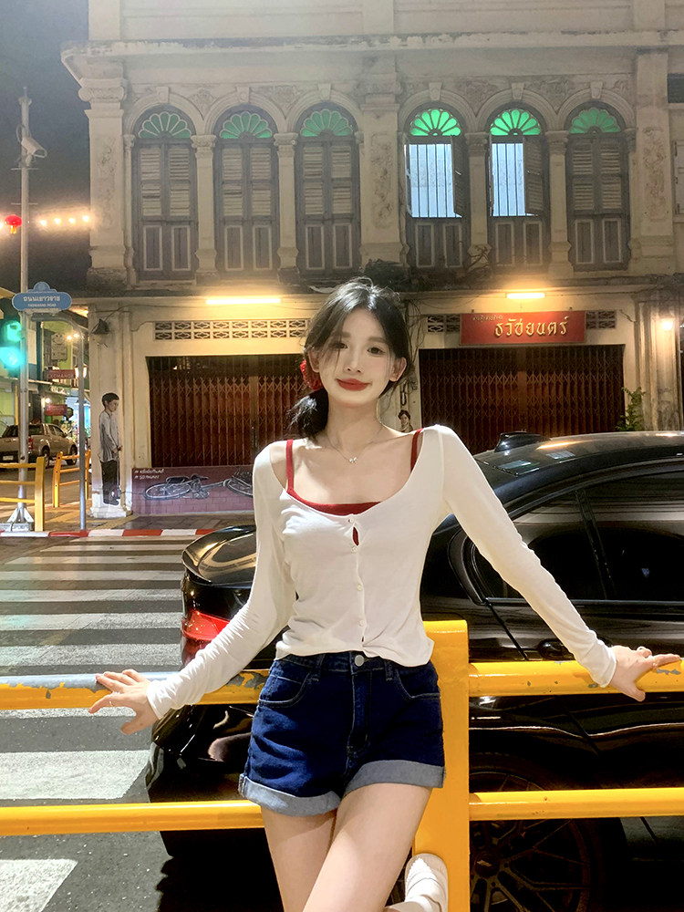 一颗甜桃yikett《曼谷辣妹》真两件长袖开衫吊带上衣+牛仔短裤女,淘宝优惠券,粉丝福利购,淘宝优惠卷