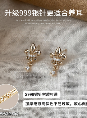 999银针咖啡金十字架鸢尾花耳钉