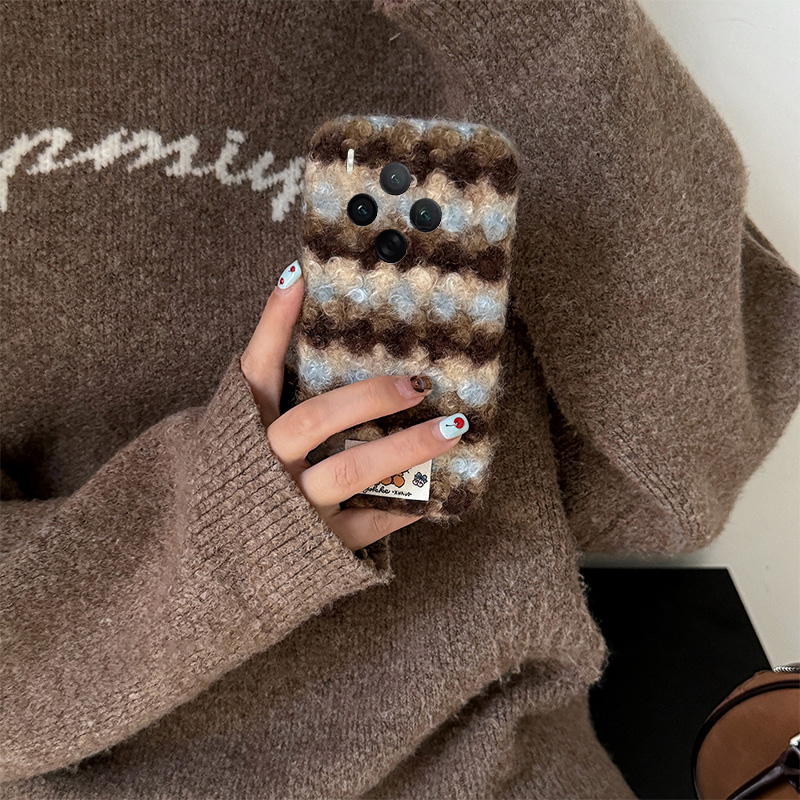 秋冬蓝棕条纹适用vivox300pro手机壳x200ultra毛绒kt猫x100spro贴纸x90s可爱x9plus凯蒂猫x21i绒布x60女vivo - 图0