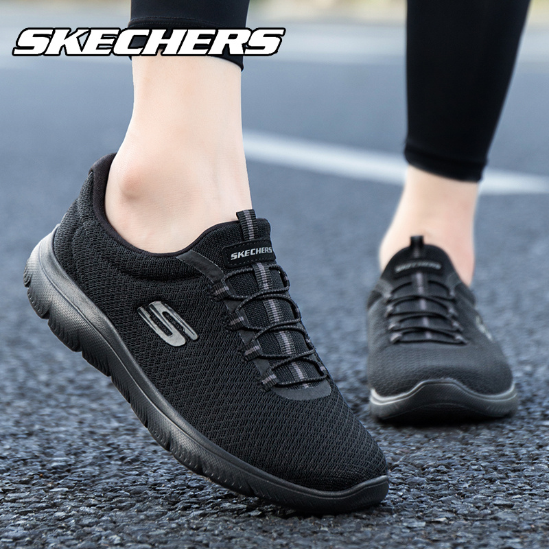 Skechers斯凯奇全黑色跑步鞋女鞋轻便透气网面休闲运动鞋官方正品-图0