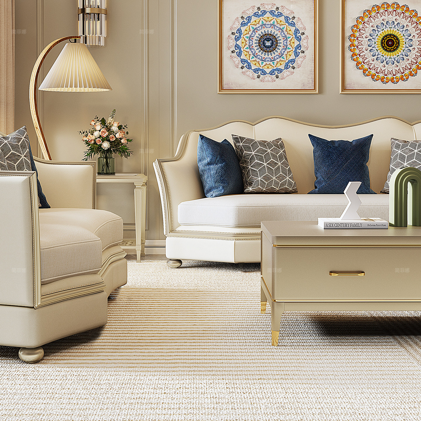 简菲娜轻奢美式爱丽丝花瓣皮布沙发真皮沙发组合高档别墅客厅沙发,淘宝优惠券,粉丝福利购,淘宝优惠卷